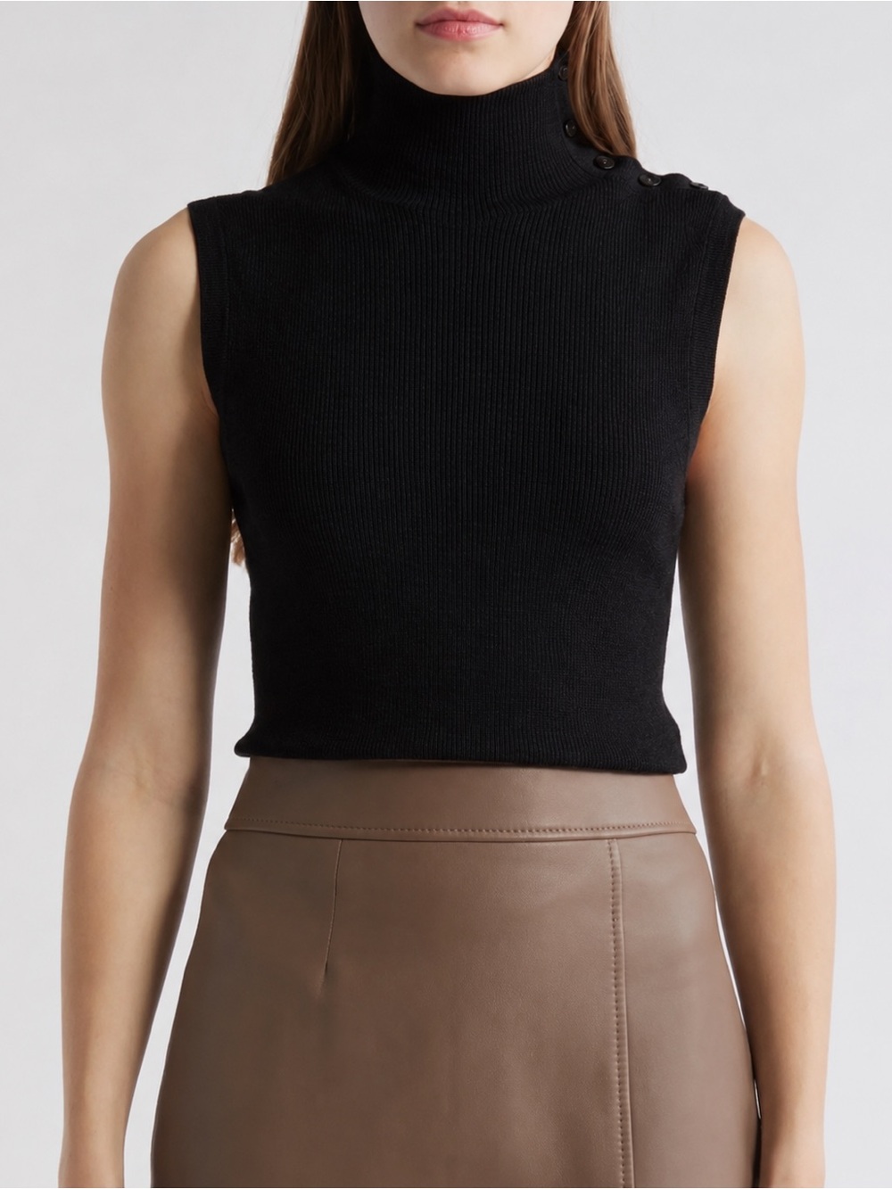 BOSS Fermesi Virgin Wool Sleeveless Mock Neck Sweater Black 4 Button Shoulder S